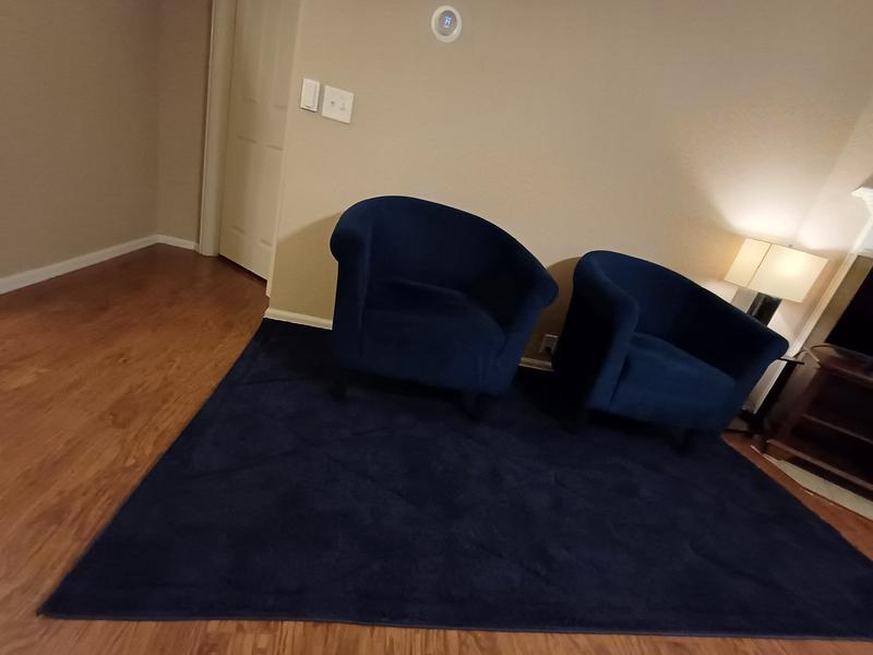 Customer photo for review titled "Very beautiful lattice blue rug"