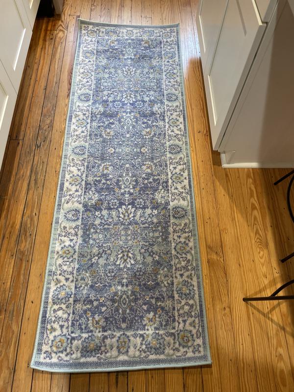 Customer photo for review titled "Blue kitchen runner. Colors are brighter in person"