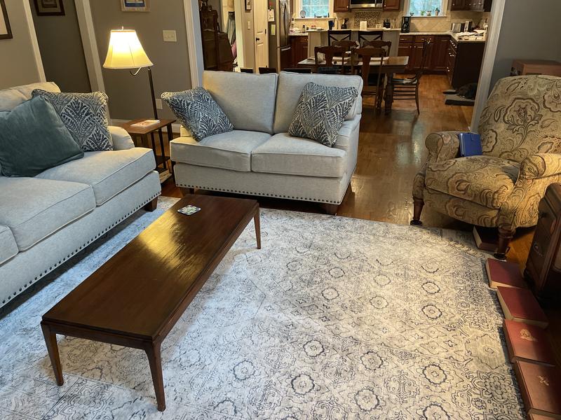 Customer photo for review titled "Rug enhances our new living room furniture!"