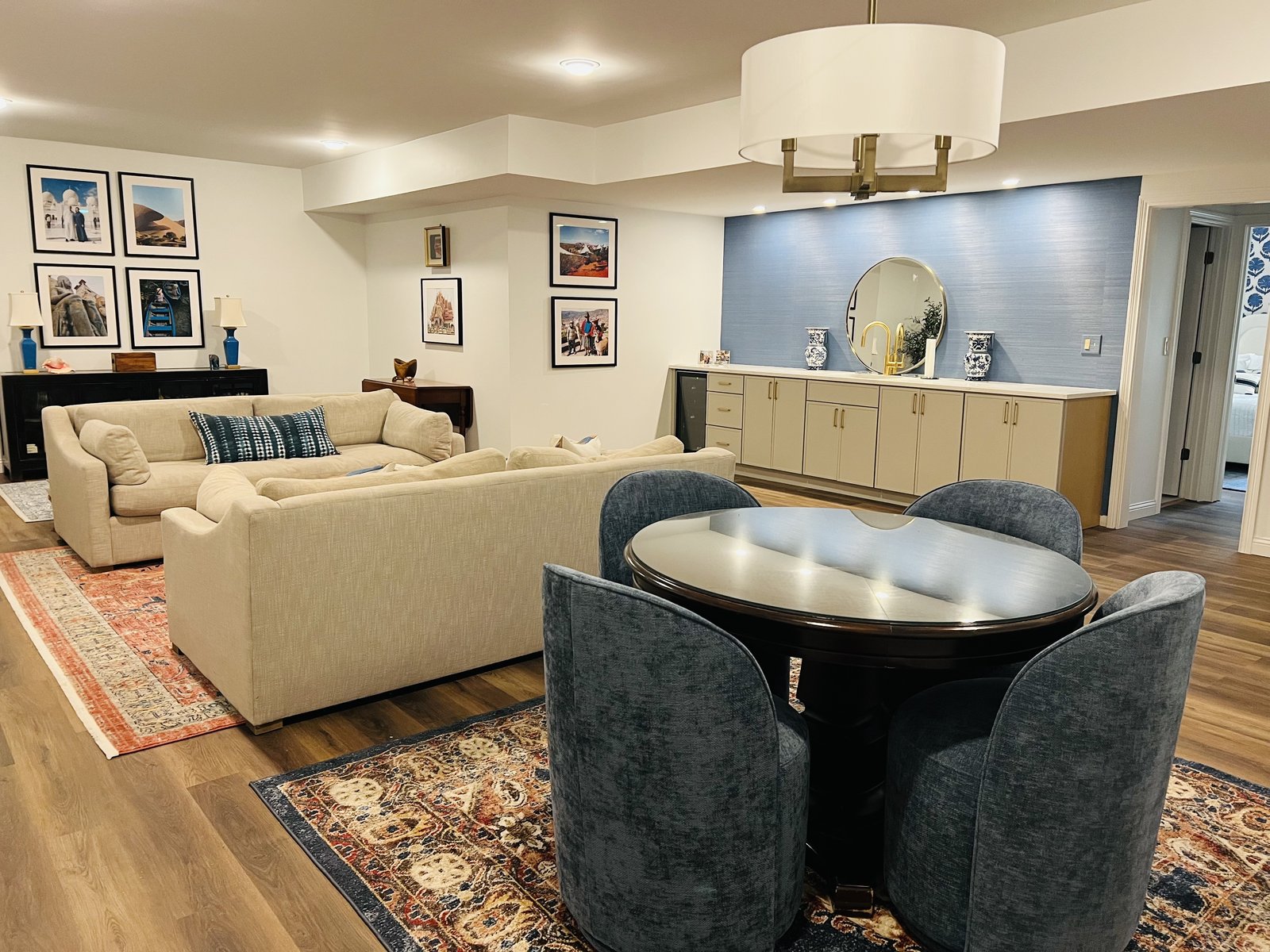 Customer photo for review titled "Perfect square rug for our game table area!"